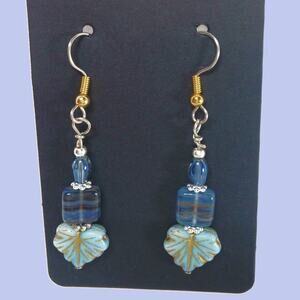 Artisan Blue Fall Glass Earrings Dangle Autumnal Silver Tone Accents Beaded NEW